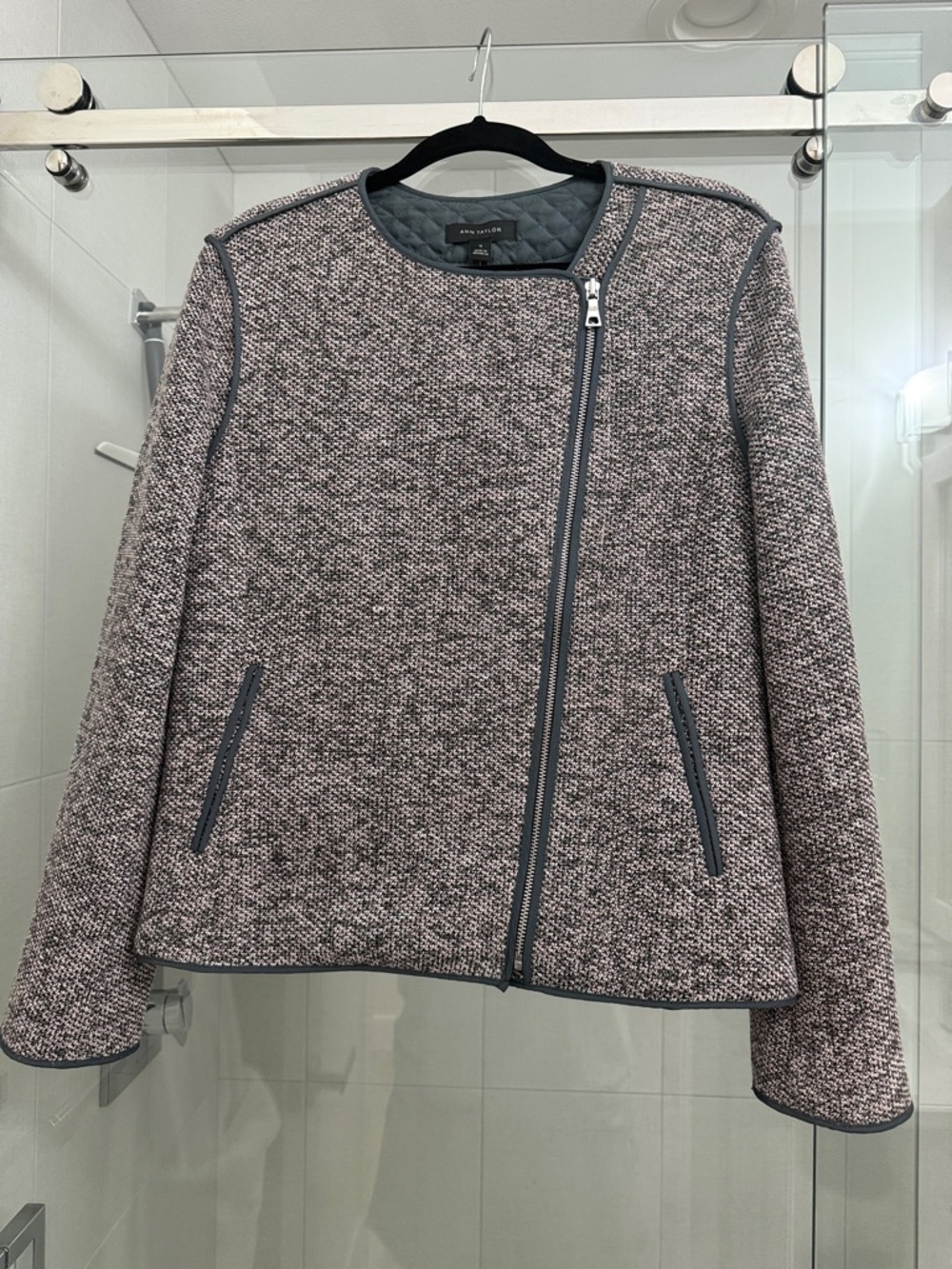 Ann Taylor Pink-Gray Tweed Asymmetric Zip Jacket